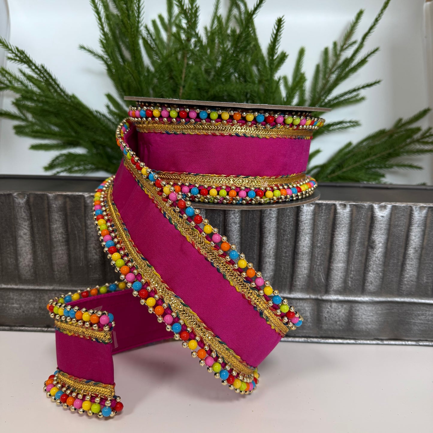 2.5" X 5YD Beaded Candy Edge Deluxe Wired Edge Ribbon, Fuchsia