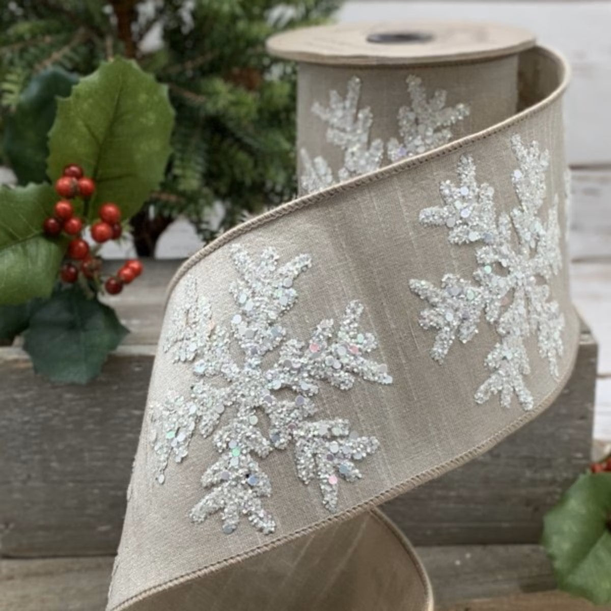 4" x 5yds White Glitter Snowflake Ribbon – Tan