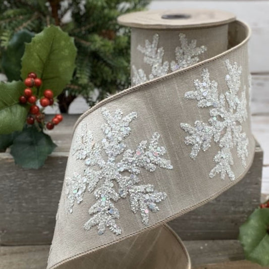 4" x 5yds White Glitter Snowflake Ribbon – Tan