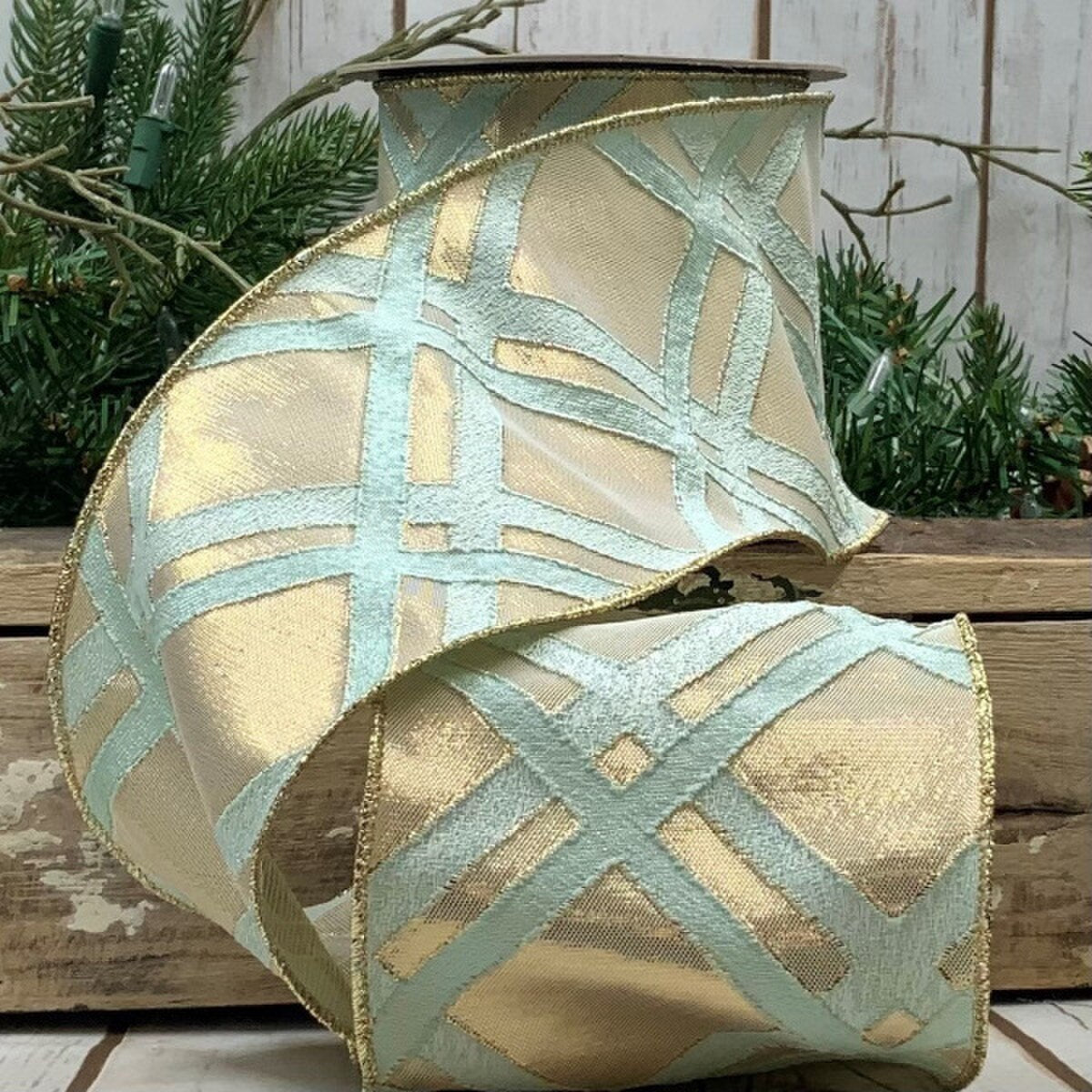 4" x 10YD Jacquard Metallic Lattice Ribbon – Celadon/Gold