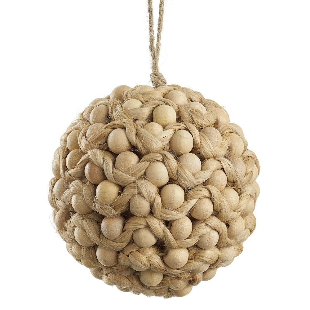 5" Wood Bead Jute Ball Ornament Beige