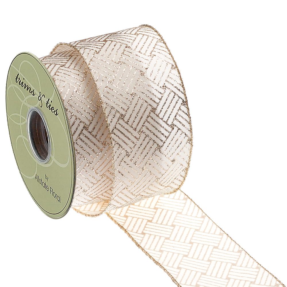 2.5" X 10yds Gold and White Glittered Basketweave Ribbon