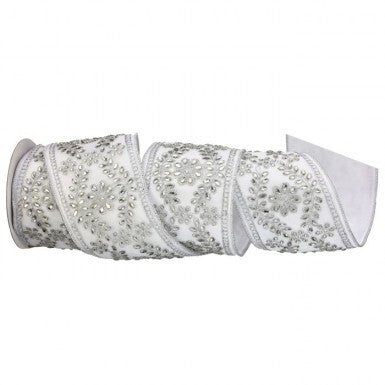 4" X 5Y Dupion W/Jeweled Scroll, White/ Silver