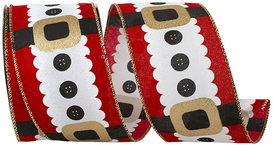 2.5" X 10yds Santa's Buttons And Belt Christmas Wired, Edge Ribbon, Red/ white