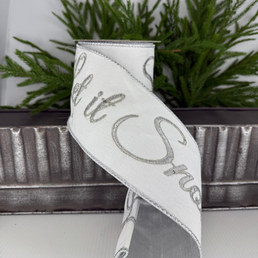 4" X 5Yd Let it Snow Embroidered Ribbon White Silver