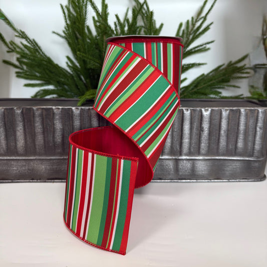 4" x 10Y Satin Holiday Stripe Ribbon – Red, Green & White