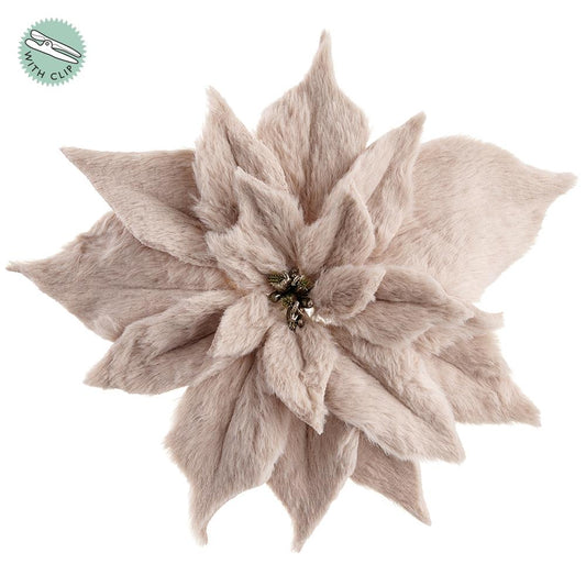 9" Fur Poinsettia with Clip Beige