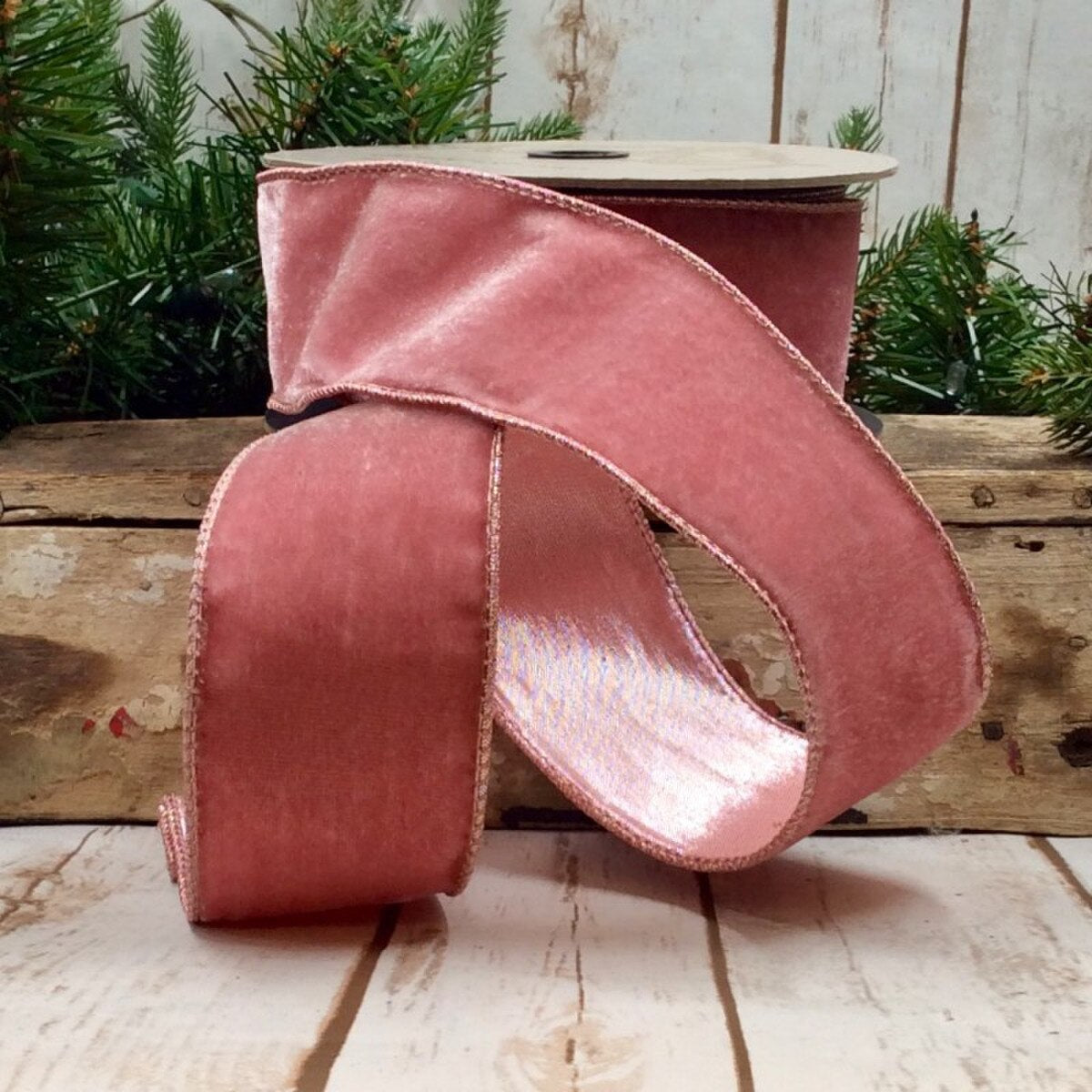 2.5" x 10yds Velvet Pink Metallic Back, Pink