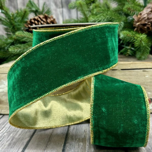 2.5" x 10yds Vintage French Velvet Ribbon, Kelly Green with Gold Back