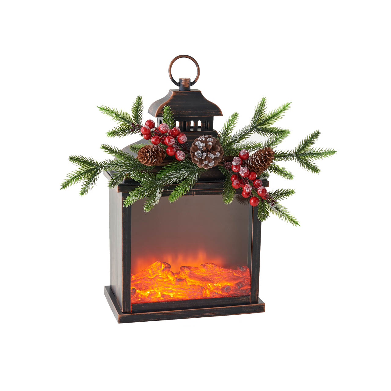 15" Fire Light Lantern W/ Berry Sprig