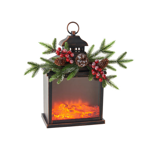 15" Fire Light Lantern W/ Berry Sprig