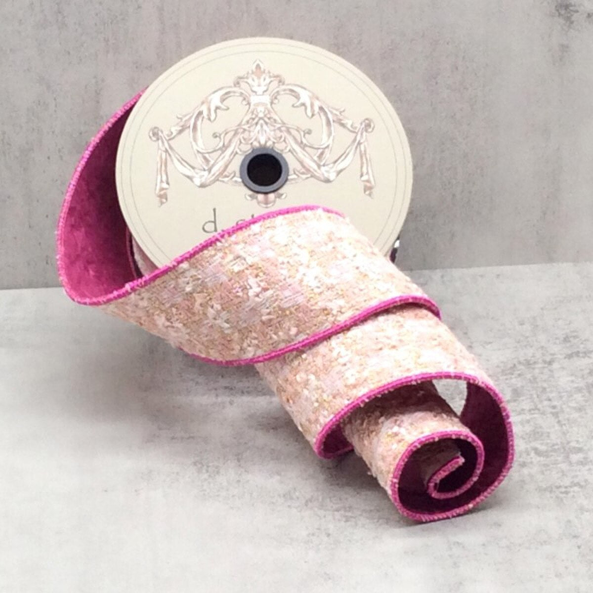 2.5" x 10yds Plaid Chenille Tweed Boucle, Pink/ White/ Gold