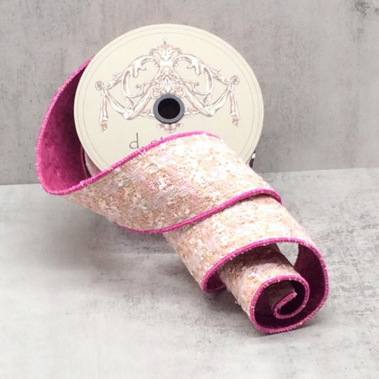 2.5" x 10yds Plaid Chenille Tweed Boucle, Pink/ White/ Gold
