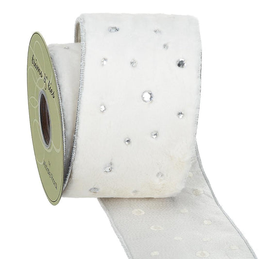 4" X 5Yd Rhinestone Fur Ribbon White Silver