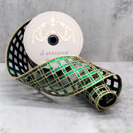 4" x 10YD Metallic Dupion Clairvaux Window Pane Ribbon – Emerald Green with Gold Trim