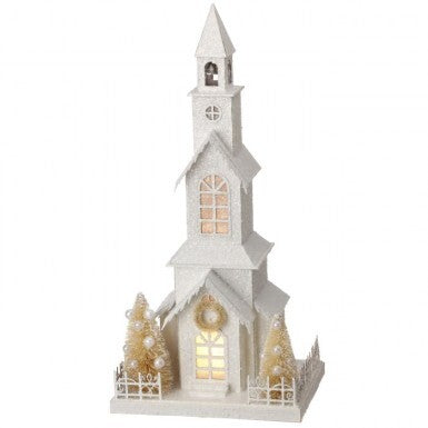 18" LED/Bty/Tmr Cardboard Snowy Church
