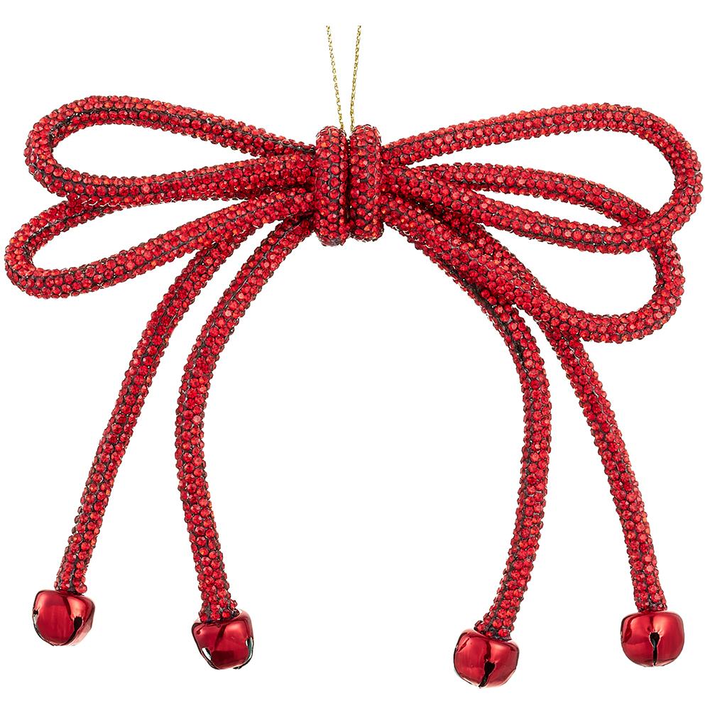 5.5" Sparkle Bow Ornament W/ Bell, Red