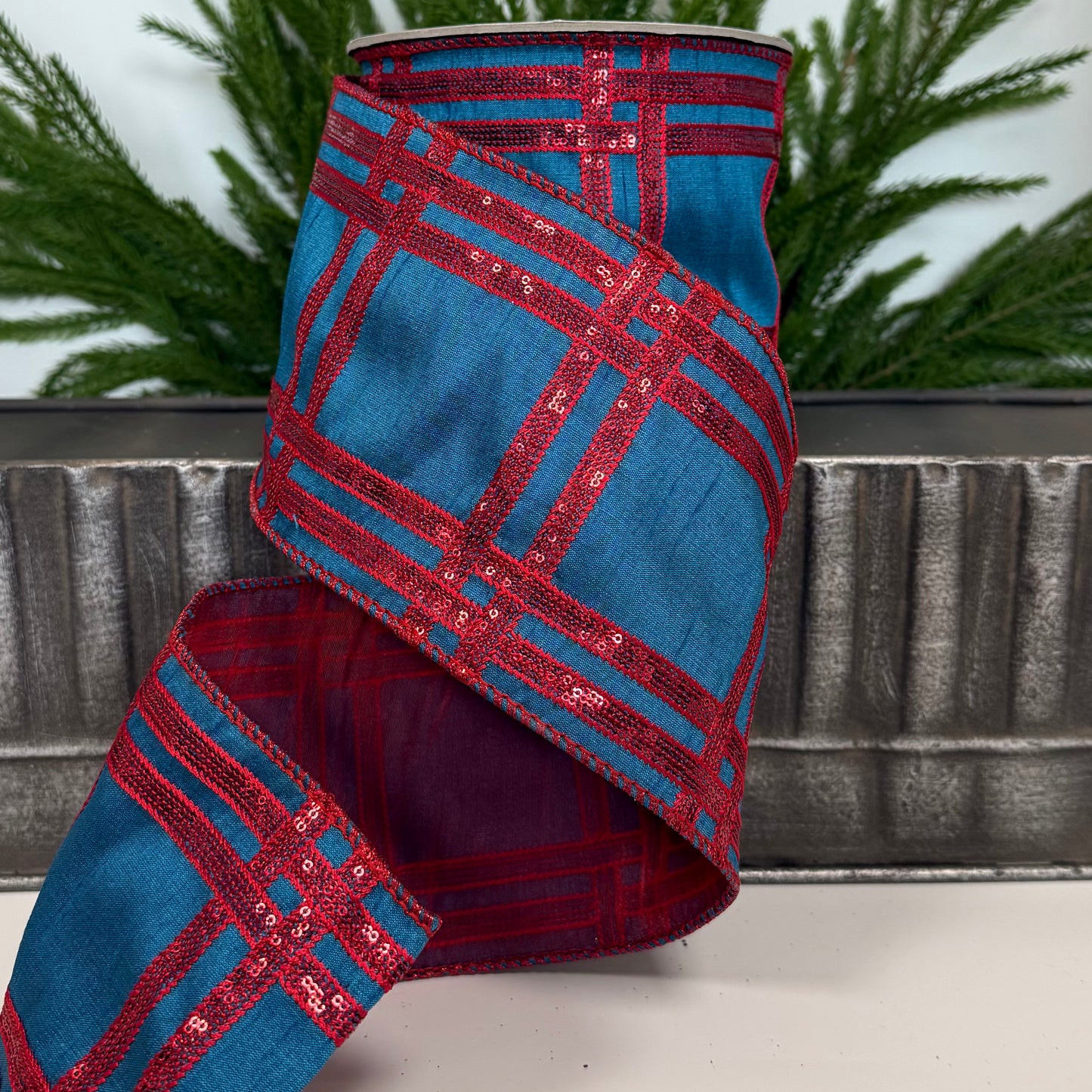 4" x 10yds dupion red sequin plaid embroidery, blue
