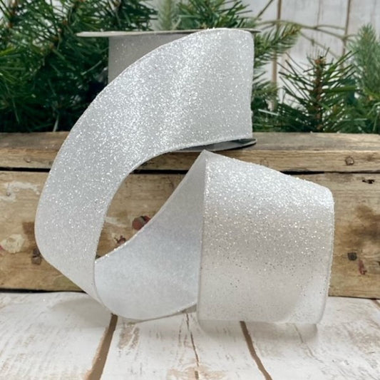 2.5" x 10yds Satin Frosted Glitter, White