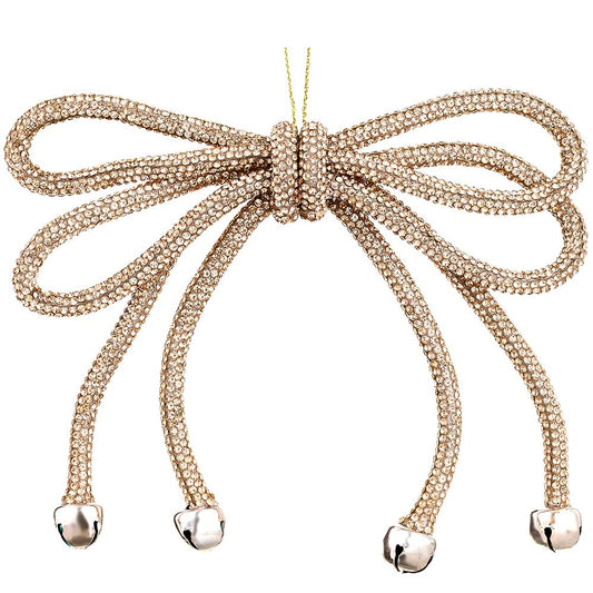 5.5" Sparkle Bow Ornament W/ Hanging Bells, Rose Gold