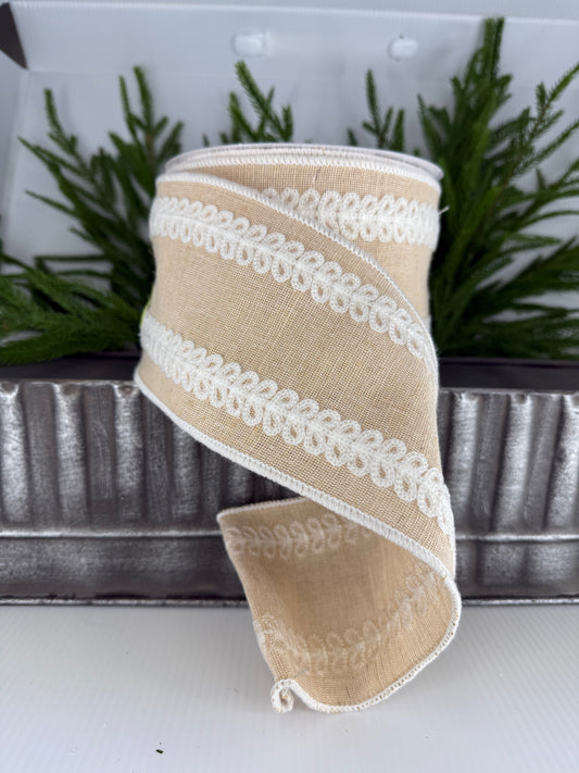 4" x 10Yds Tan Ribbon with White Embellished Trim