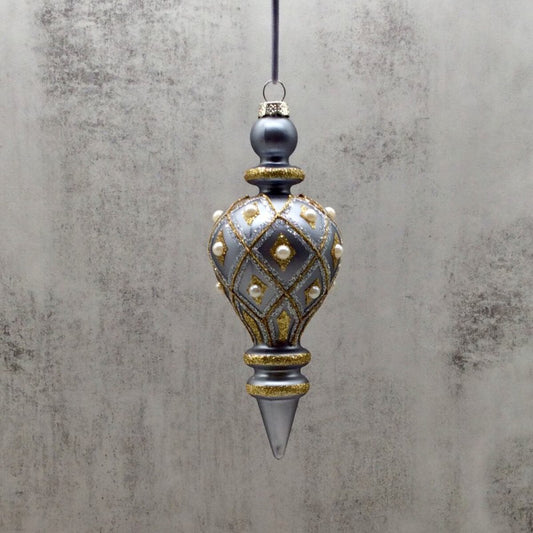 8" Glass Harlequin Jewel Finial Ornament – Pewter/Gold