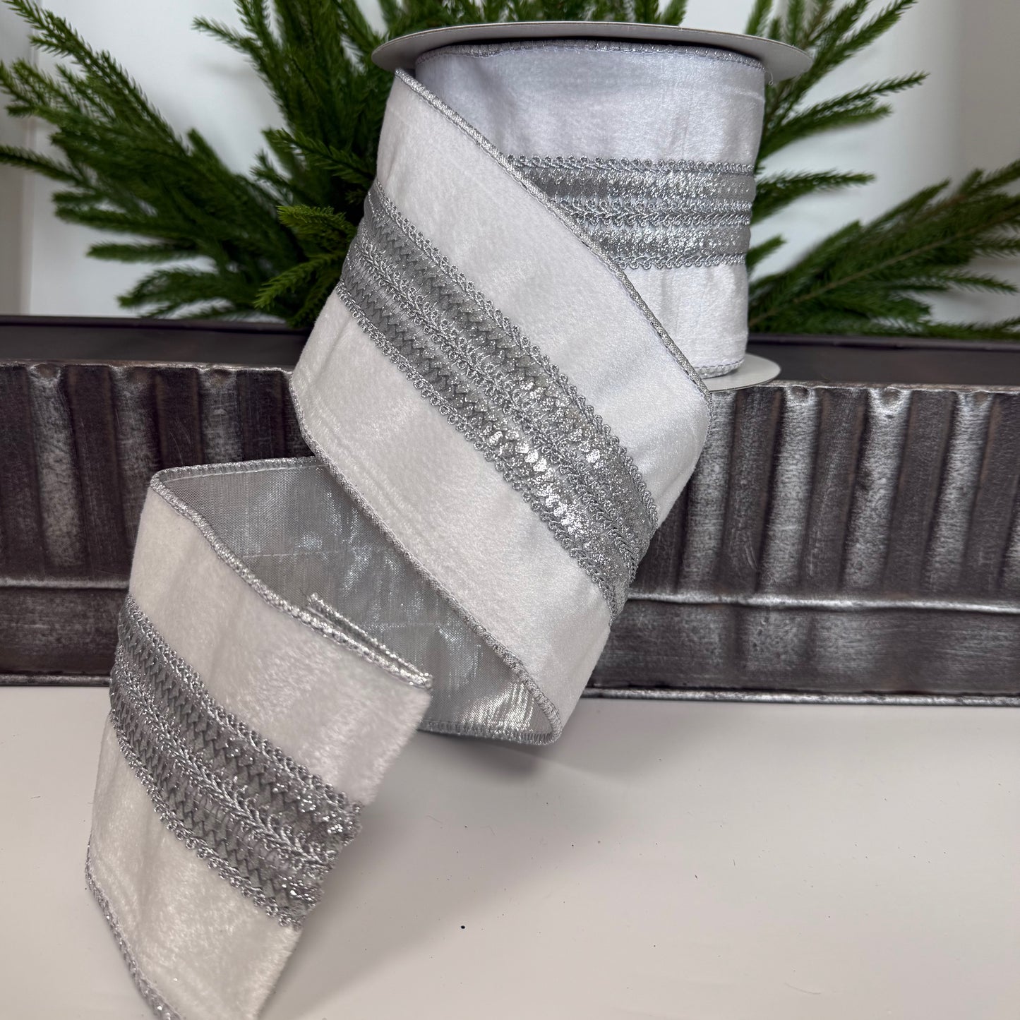 4" x 5Y Trim on Velvet Ribbon – White with Silver Accents