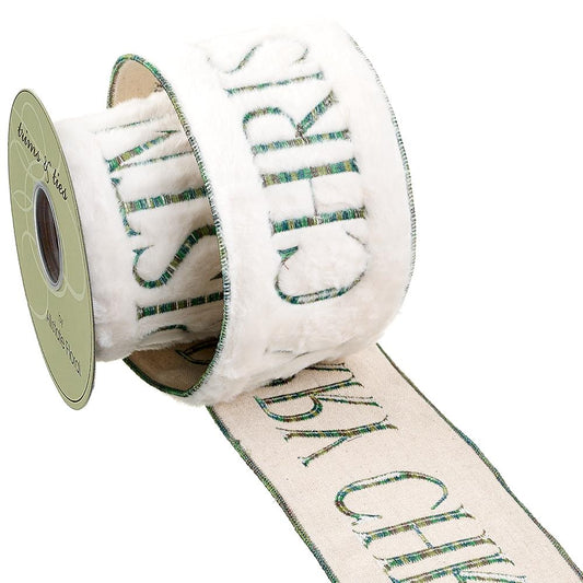 4" X 5Yd Merry Christmas Ribbon, Cream Green