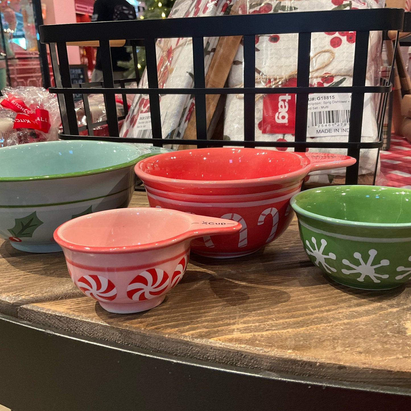 1/4, 1/2, 1, 1-1/2 Cup Stoneware Measuring Cups w/ Holiday Pattern, Multi Color, Set of 4