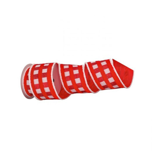 4" X 10Yd Fur Edge Check Stripe Velvet Ribbon, Red/ White