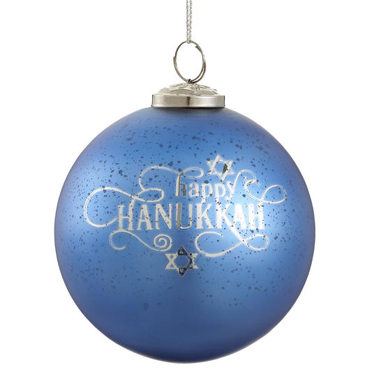 5" Happy Hanukkah Glass Ball Ornament - Blue/ Silver