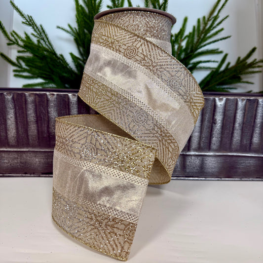 4" X 10Y Lame Glitter Deco Edge Wired Ribbon Champagne