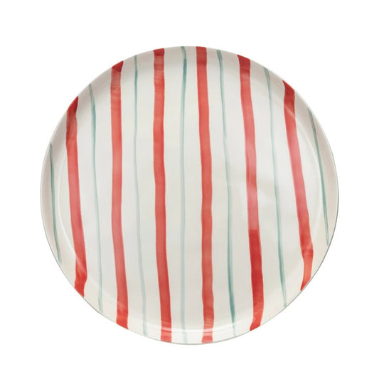 10" Round Hand-Painted Stoneware Plate w/ Stripes, Red, Aqua & Cream Color