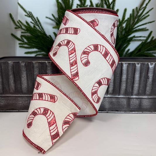 4" X 10Yds Candycane Sequined Wired Ribbon
