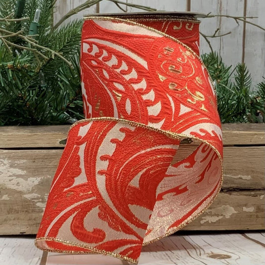 4" x 10yds jacquard metallic filigree, red