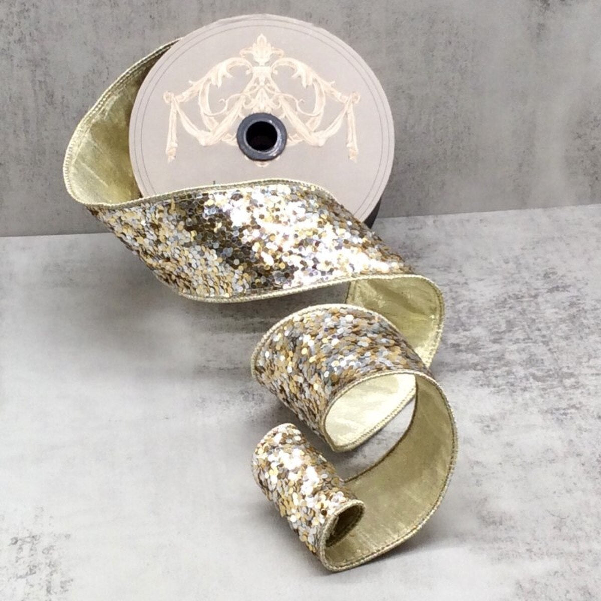 2.5" x 10yds Cirque Glitter Ribbon – Silver & Gold