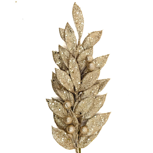 24" Glitter Metallic Bay Leaf W/Berries Spray Champagne