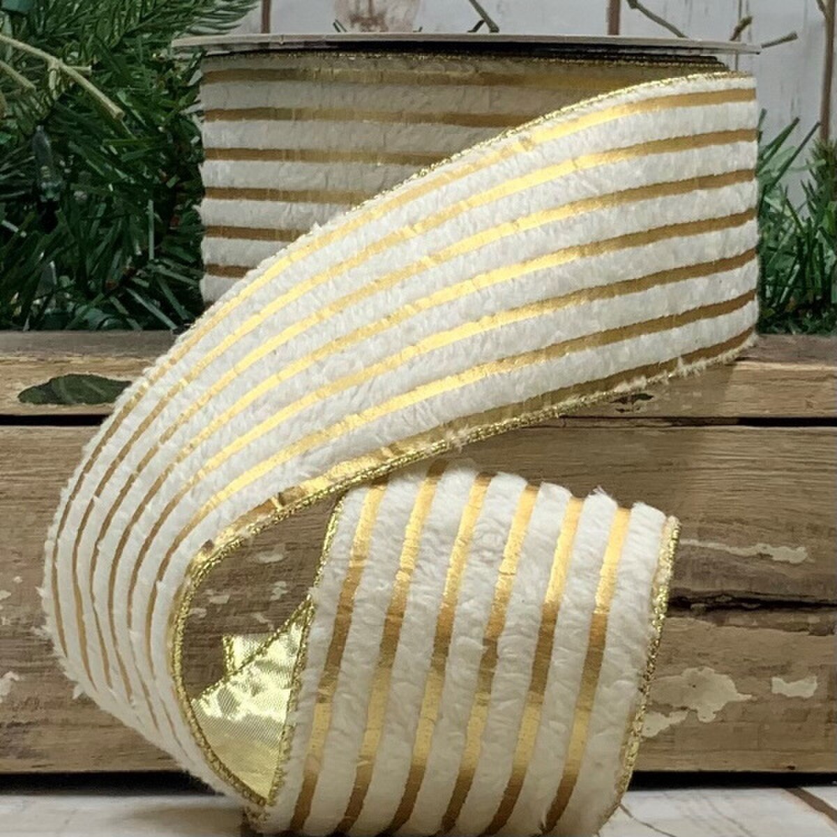 2.5" x 10yds Faux Fur Metallic Gold Stripe, Ivory