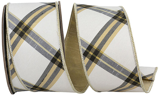 2.5" X 5YD Diagonal Dupioni Deluxe Metallic Backed Wired Edge Ribbon, Ivory/gold