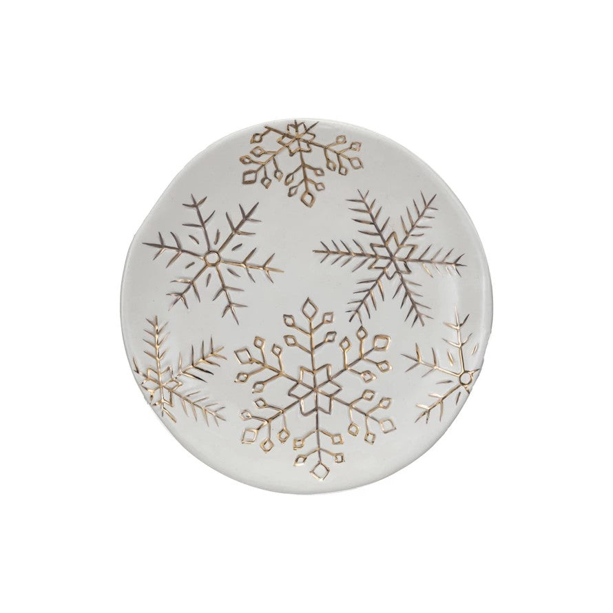 6" Round Stoneware Plate w/ Gold Electroplated Snowflakes, White