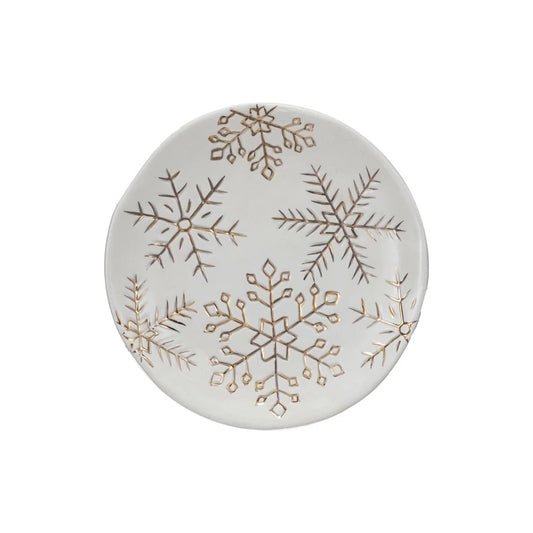 6" Round Stoneware Plate w/ Gold Electroplated Snowflakes, White