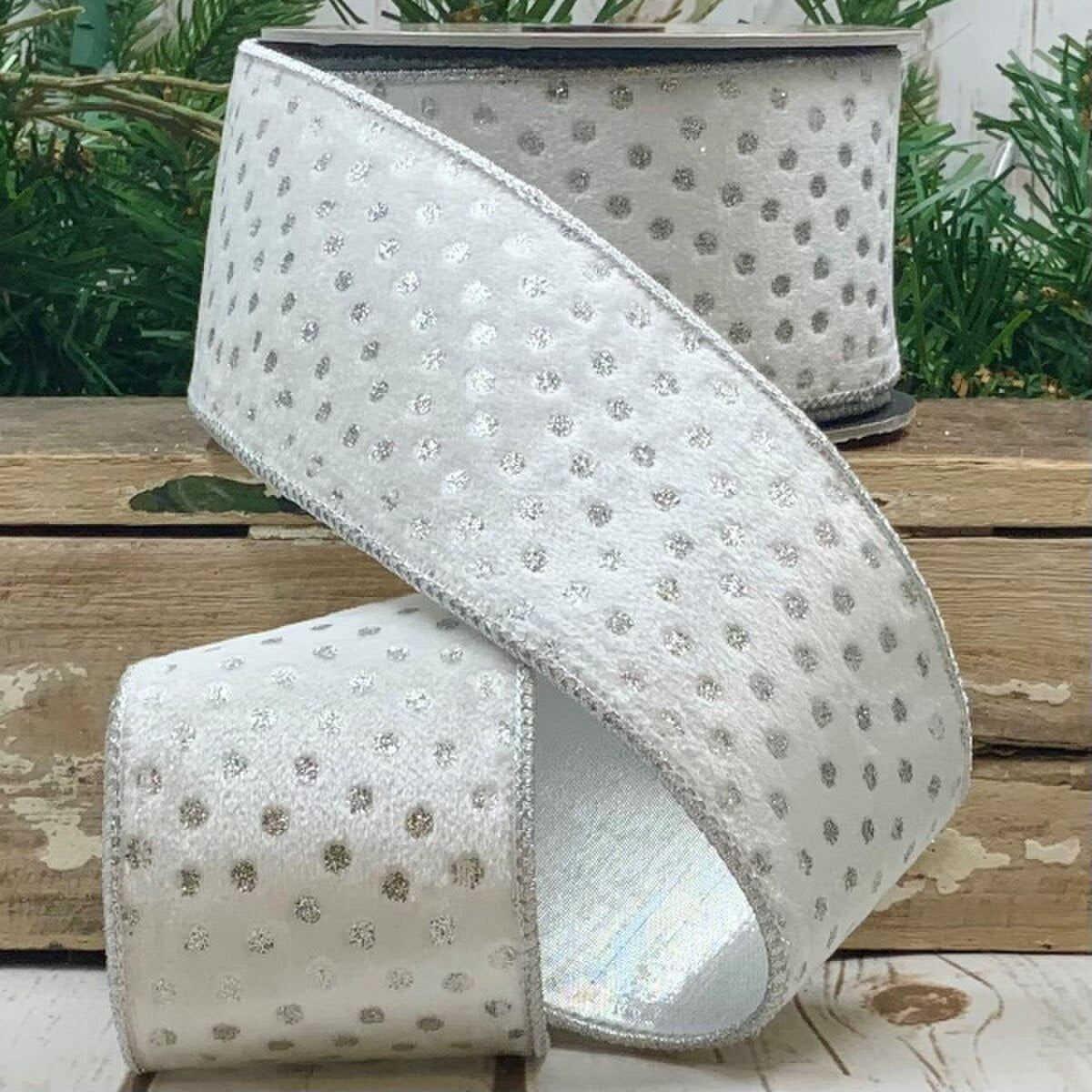 2.5" x 10yds Velvet Polka Dot Silver Glitter, White