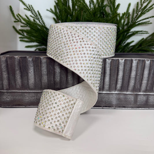 2.5" x 10yds White Satin Ribbon with Jewel Embellishments