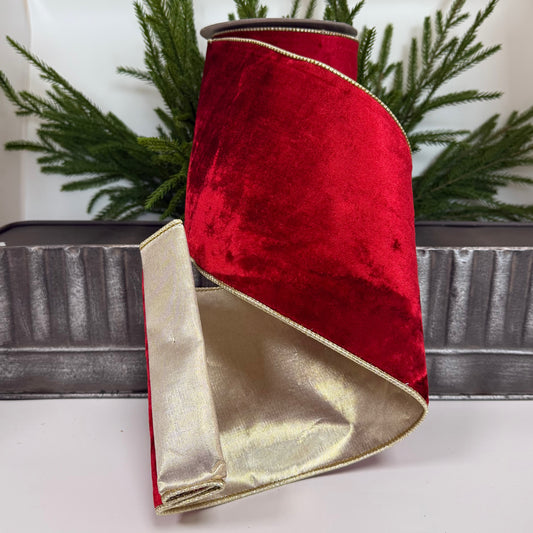 6" X 5YD Velvet Plush Texture Deluxe Backed Wired Edge Ribbon, Red/ gold