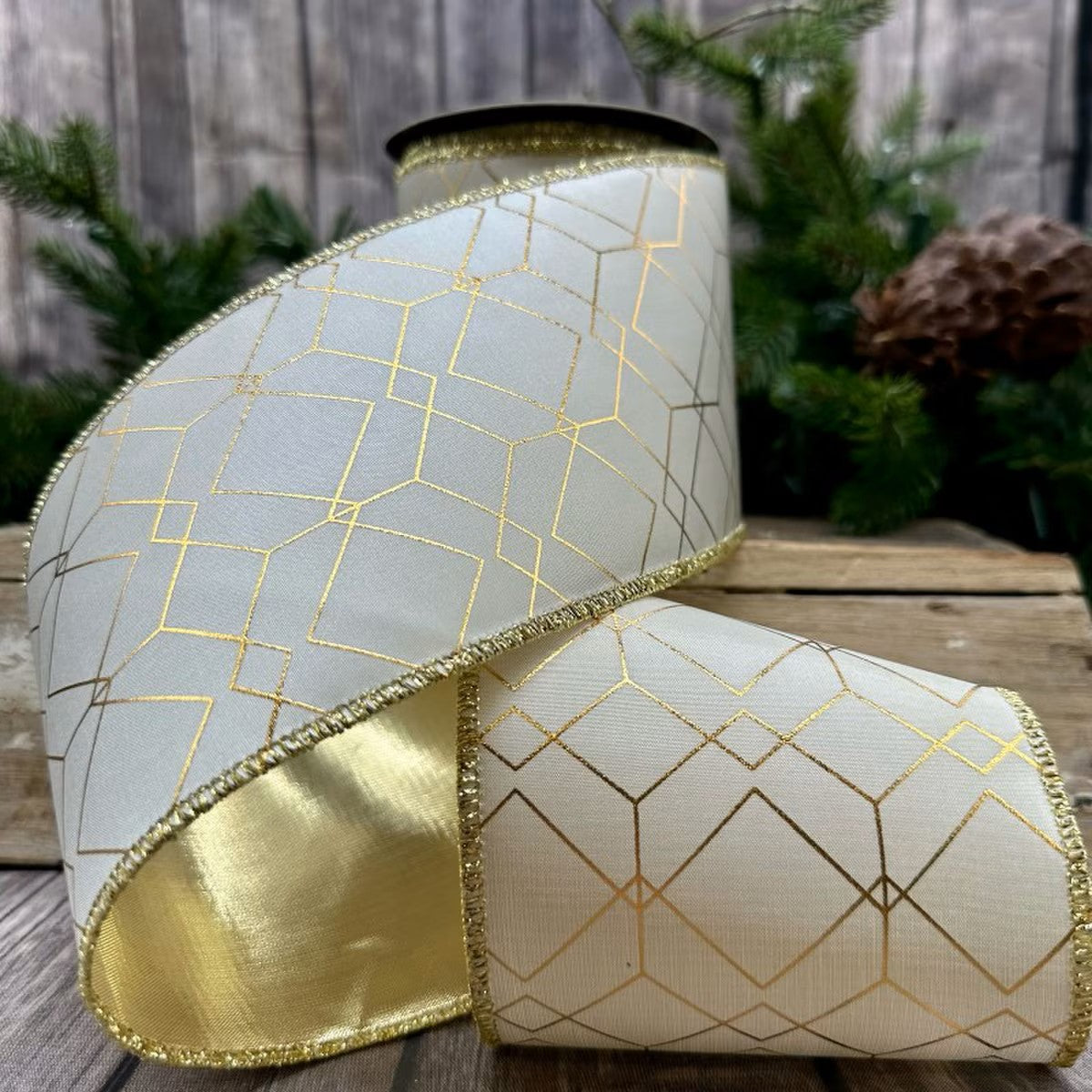4" x 10yds Taffeta Gold Art Deco Lines Ribbon – Ivory