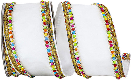 4" X 5YD Beaded Candy Edge Deluxe Wired Edge Ribbon, White