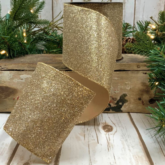 4" x 10 YDS Vintage Glitter Ribbon, Gold-Silver
